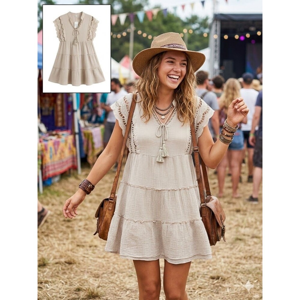 ✿ Neutral Boho Tiered Cotton Gauze Tunic Dress Baby Doll Short Sleeve S Women